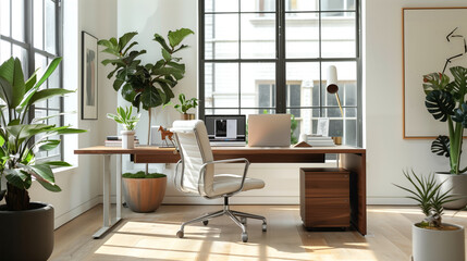 Office space with white walls, a large wooden desk, sleek ergonomic chair