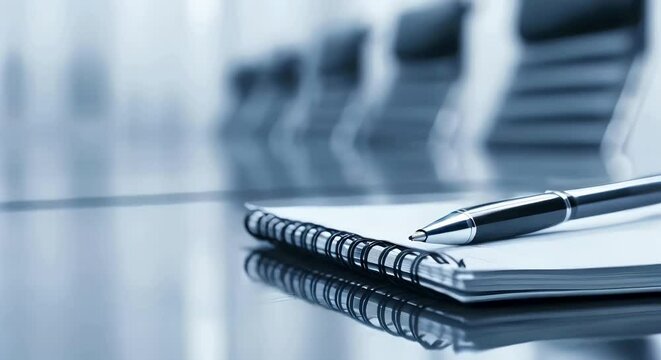 Close-up of a pen and notebook on a table in front of an office meeting room with a blurred background, representing planning, note taking and business meetings