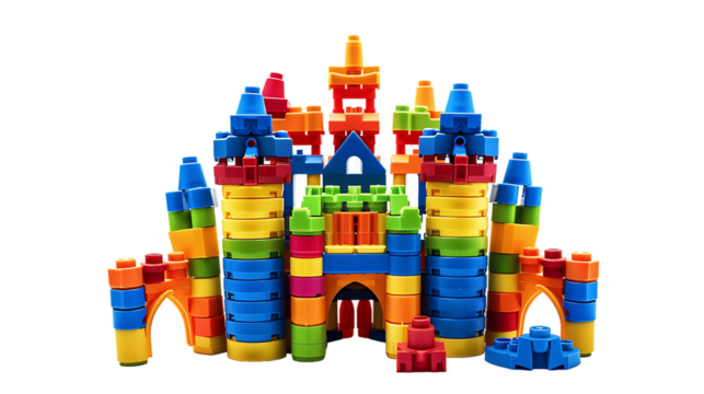 Toy castle made of bright building blocks isolated on transparent background