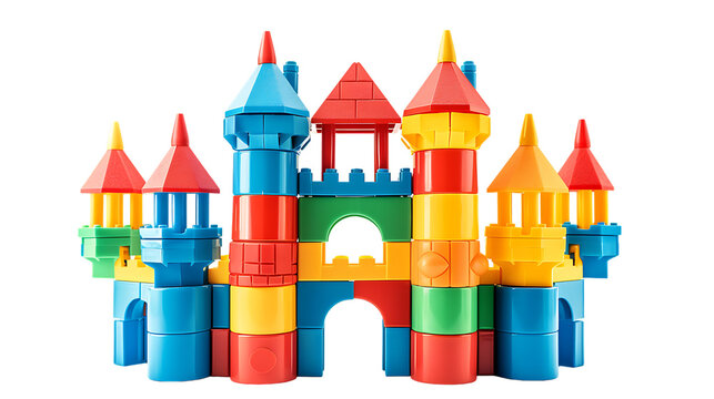 Toy castle made of bright building blocks isolated on transparent background