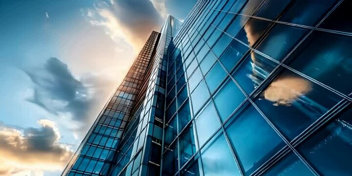 Glass skyscrapers reflect the clouds and the sunset creating a mesmerizing urban skyline