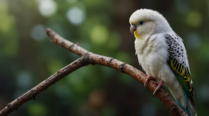 Obraz premium A close-up of a white budgerigar with green wings perched on a branch, with a soft bokeh background.