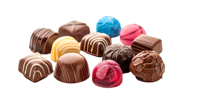 Various colored chocolate candies isolated on transparent background