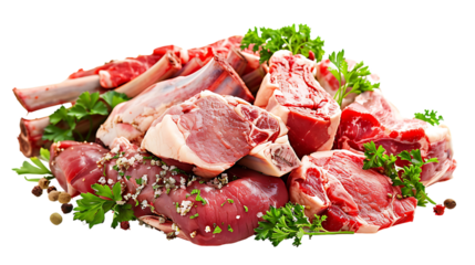 Various raw meats with parsley isolated on transparent background