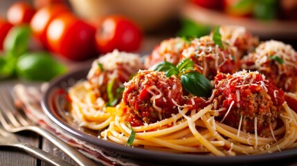 A delicious plate of spaghetti and meatballs smothered in rich marinara sauce and sprinkled with grated cheese.