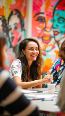 Fototapeta premium Russian businesswoman in a creative workspace with colorful art on the walls