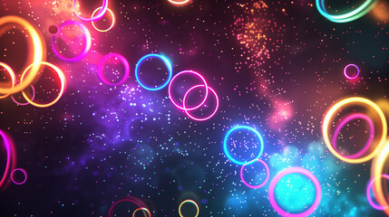 Abstract Neon Rings and Bokeh Lights in Vivid Colors with Copy Space