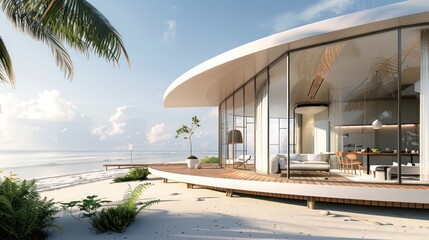 modern beachside villa with floor-to-ceiling windows and a wrap-around deck