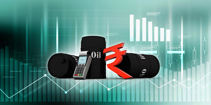 3d illustration Oil price, Oil Industry concept with Barrel and Indian rupee near Swipe machine 