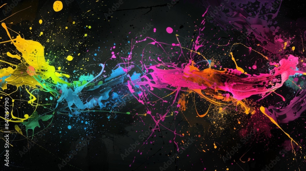 Poster a dynamic abstract background with splashes of neon colors on a black canvas.