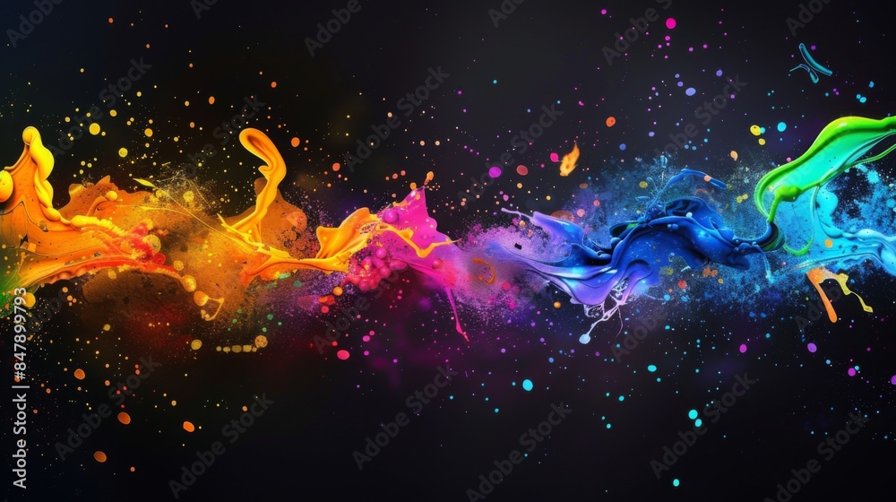 Poster a dynamic abstract background with splashes of neon colors on a black canvas.