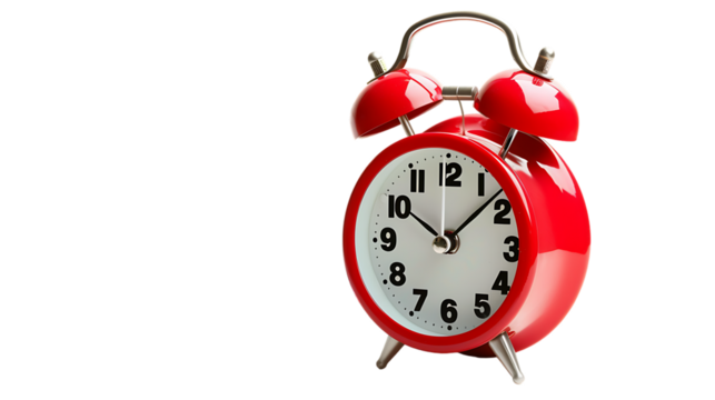 White clean calendar with red retro alarm clock isolated on transparent background