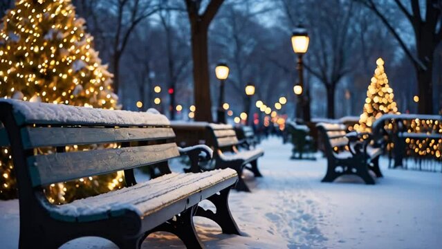 Beautiful winter alley in the park, trees, benches