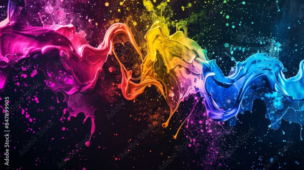 Poster A dynamic abstract background with splashes of neon colors on a black canvas.
