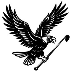 eagle in flight holding a golf club in its talons in sleek black silhouette