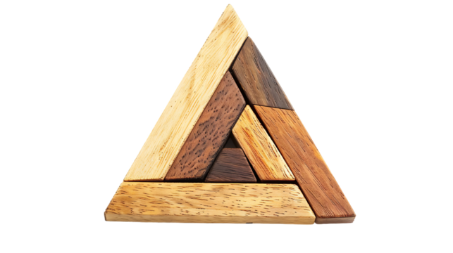 Wood tangram puzzle in triangle shape isolated on transparent background