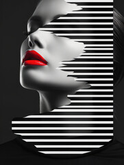 Abstract Portrait of Woman with Striped Shadow Effect and Bold Red Lips