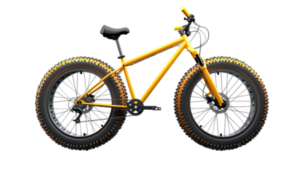 Yellow mountain bike with thick offroad tyres isolated on transparent background