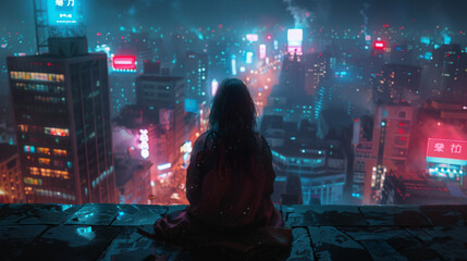 A woman is sitting on a ledge in a city at night, looking at her phone