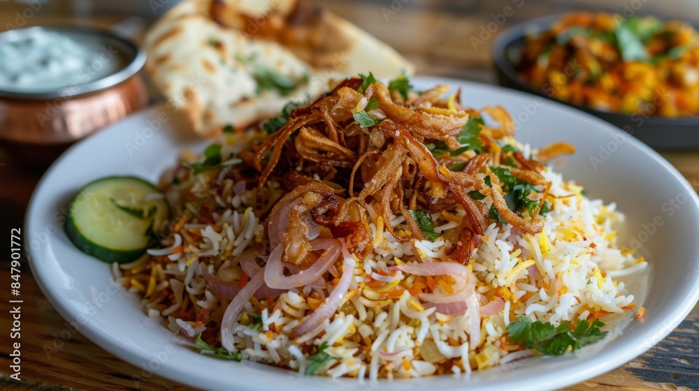 Wall mural a flavorful plate of vegetable biryani topped with fried onions and served with cucumber raita.