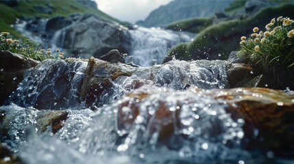 A mountain stream, stone, waterfall, low angle shot. Generative AI.