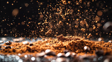 Scattered and isolated ground coffee splashing