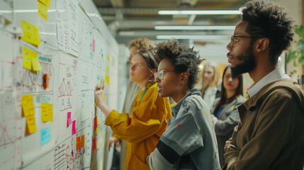 Diverse group of scientists brainstorming ideas around whiteboard
