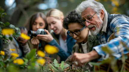 Multigenerational group taking pictures of flowers