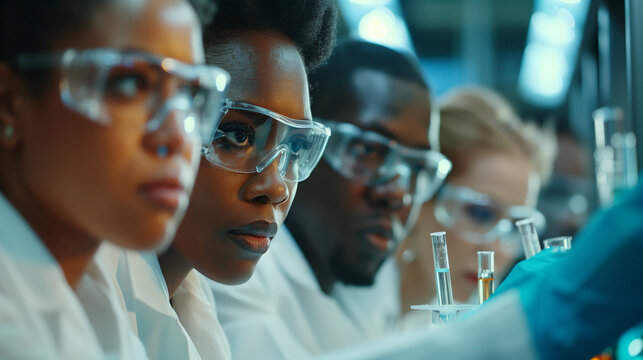 Diverse group of scientists in lab coats and safety goggles