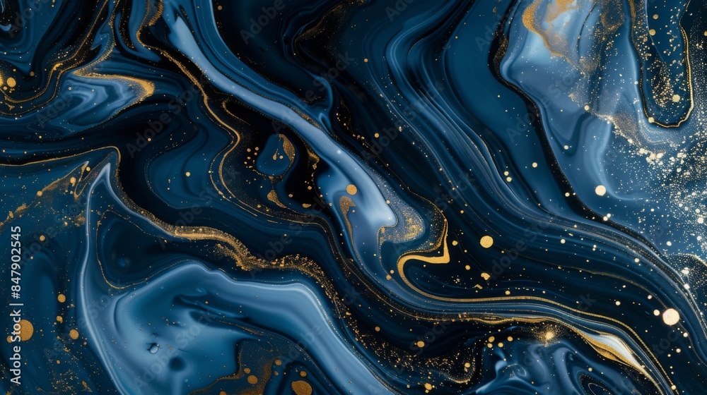 Poster a fluid abstract background with marbled patterns in blue, gold, and white.