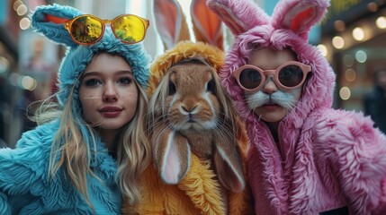 Two girls in vivid animal onesies posing with a real rabbit, showcasing playful youth and festivity