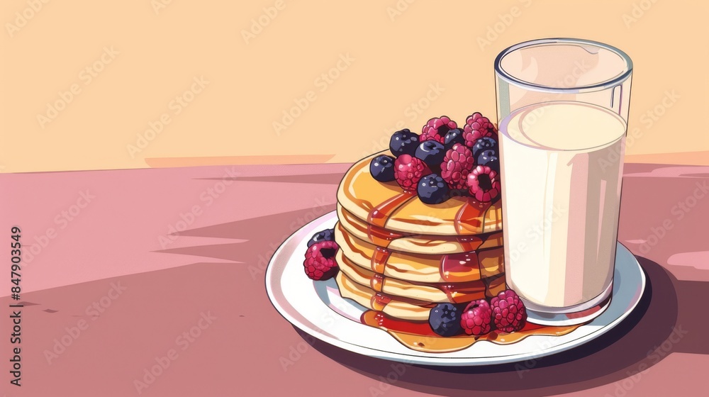 Poster a glass of milk next to a stack of pancakes topped with syrup and berries.