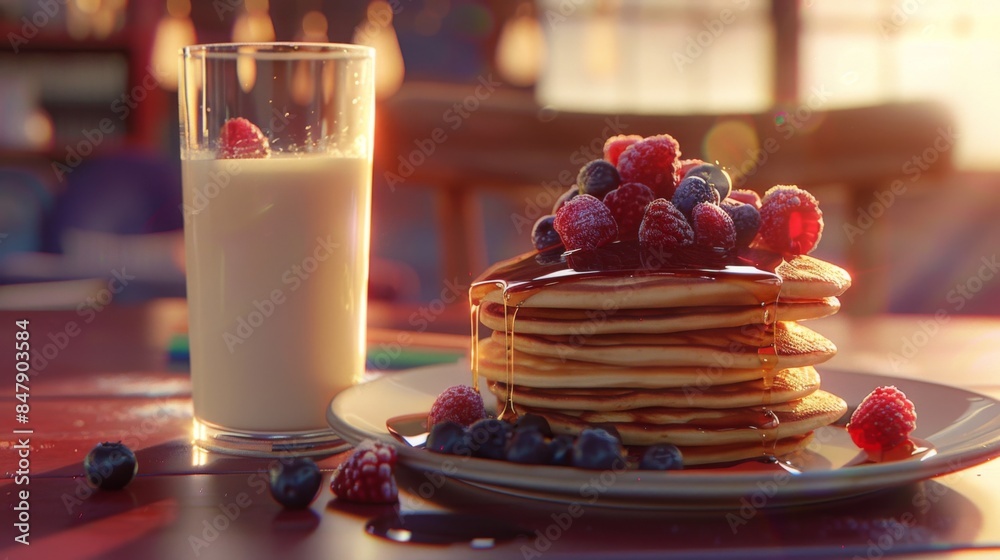 Poster a glass of milk next to a stack of pancakes topped with syrup and berries.