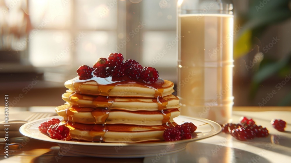 Aufkleber a glass of milk next to a stack of pancakes topped with syrup and berries.