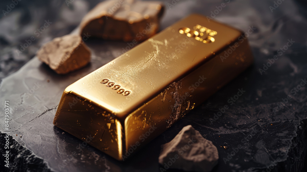 Aufkleber gold bar on a pure dark background without stones. top view. generative ai.