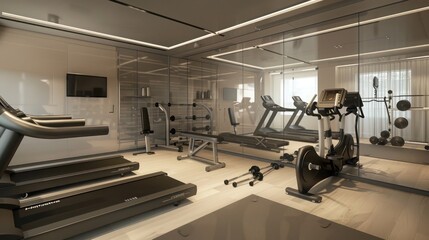 modern home gym with sleek equipment, a mirrored wall, and ample space for various workouts