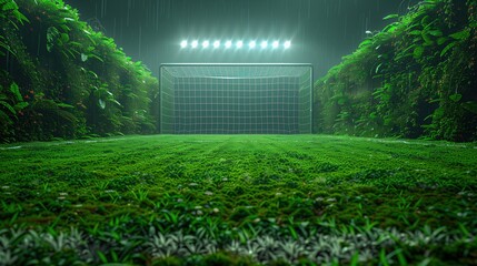 Soccer Goal in Lush Green Field with Rain and Stadium Lights
