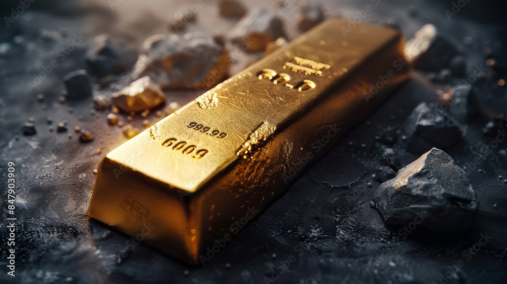 Poster gold bar on a pure dark background without stones. top view. generative ai.