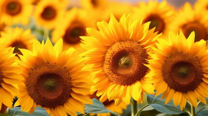 Obraz premium Beautiful field of blooming sunflowers against blurry sunset golden light. Summer sunflower flower background banner.