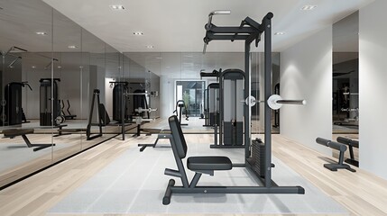 modern home gym with sleek equipment, a mirrored wall, and ample space for various workouts