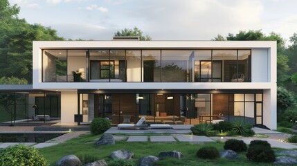 modern minimalist house with large glass windows and clean lines, surrounded by a landscaped garden