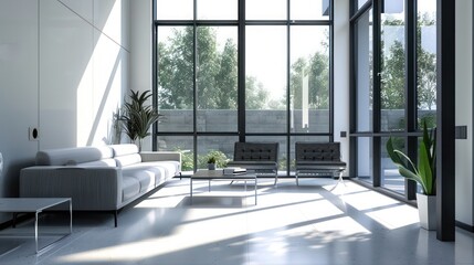 Fototapeta premium modern minimalist living room with sleek furniture, a monochromatic color scheme, and large windows allowing natural light to flood the space