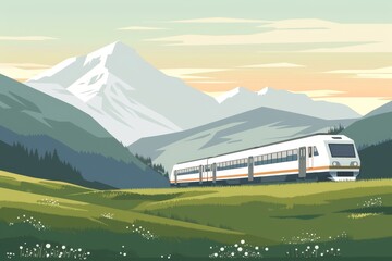 A Serene Train Journey Through Majestic Mountain Scenery