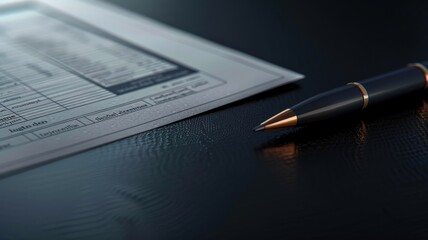 Fountain pen lies on financial document over dark, textured surface
