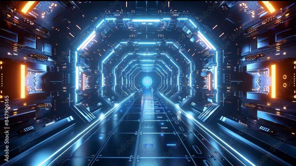 Poster A dark background with futuristic elements and blue lights, with an abstract hexagonal shape in the center of the screen. the walls feature geometric patterns illuminated white light. Generative AI.