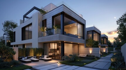 modern townhouse with a sleek design, rooftop terrace, and private garden