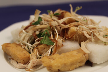 Steamed tofu and rice with chicken, baked onions and garlic, ketjap sambal and garnished with celery and bean sprouts. Tahoe longtong, Surinamese Indonesian dish on a white plate.
