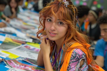 Fototapeta premium Young Woman With Red Hair Smiles at Camera at a Convention