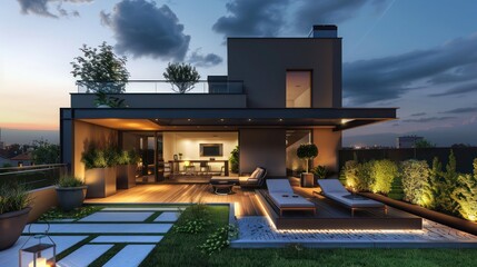 modern townhouse with a sleek design, rooftop terrace, and private garden
