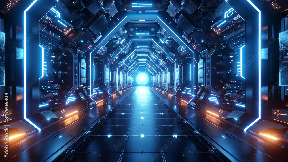 Aufkleber A dark background with futuristic elements and blue lights, with an abstract hexagonal shape in the center of the screen. the walls feature geometric patterns illuminated white light. Generative AI.